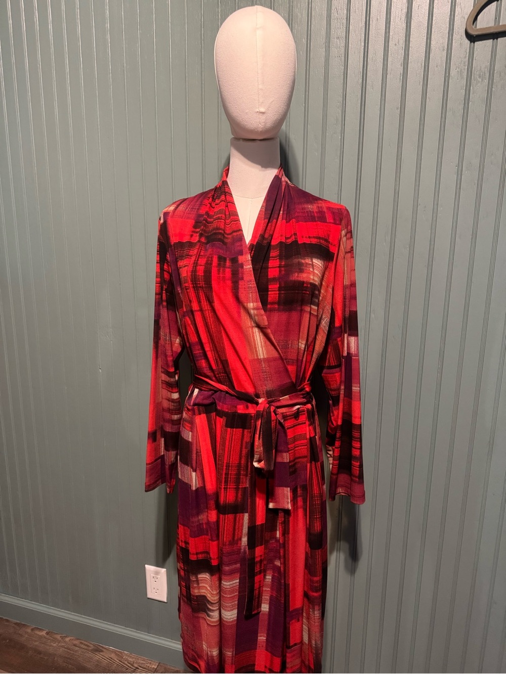London Times Red & Burgundy Abstract Brushstroke Wrap Robe with Belt